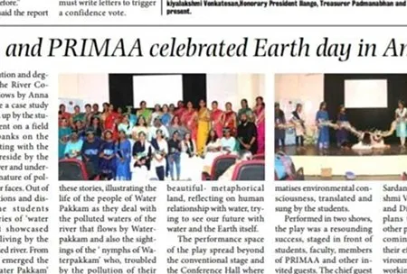 Newspaper clipping: Department of English and PRIMAA celebrate Earth Day at Anna Adarsh College